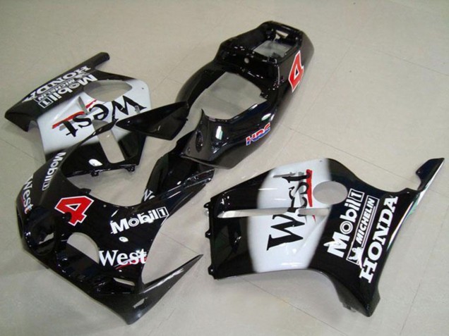 1988-1989 Honda CBR250RR MC19 Motorcycle Fairings - Glossy Black White West Mobil HRC 4 Canada