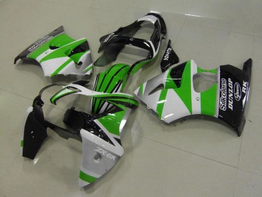 2000-2002 Kawasaki ZX6R Motorcycle Fairings - White Green Glossy Black Stripe Silkolene Dunlop Canada