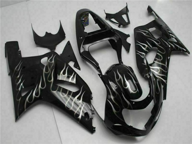 2001-2003 Suzuki GSXR 600/750 Motorcycle Fairings - Glossy Black Silver Flame Canada