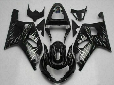 2001-2003 Suzuki GSXR 600/750 Motorcycle Fairings - Glossy Black Silver Flame Canada
