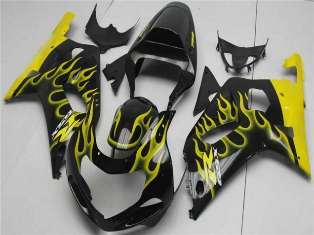 2001-2003 Suzuki GSXR 600/750 Motorcycle Fairings - Glossy Black Yellow Flame Canada