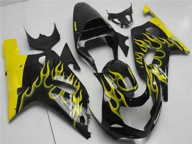 2001-2003 Suzuki GSXR 600/750 Motorcycle Fairings - Glossy Black Yellow Flame Canada