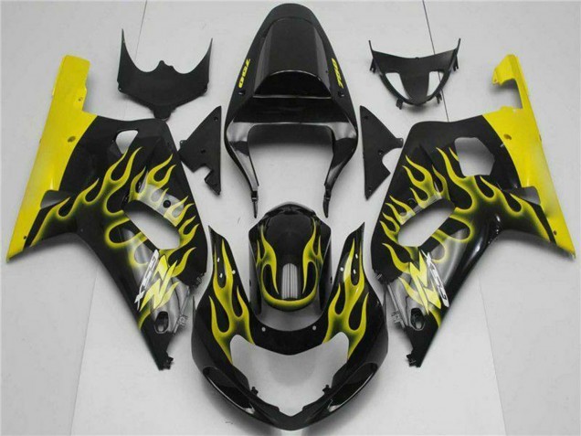2001-2003 Suzuki GSXR 600/750 Motorcycle Fairings - Glossy Black Yellow Flame Canada