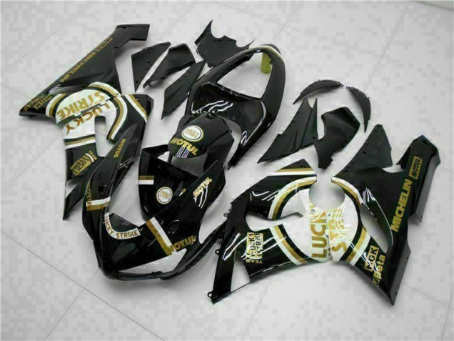 2005-2006 Kawasaki ZX6R Motorcycle Fairings - Glossy Black White Gold Lucky Strike Canada