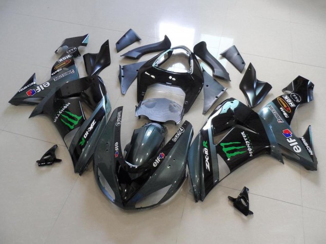 2006-2007 Kawasaki ZX10R Motorcycle Fairings - Glossy Black Matte Black Green Elf Touch4 Monster Energy Canada