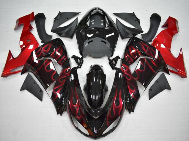 2006-2007 Kawasaki ZX10R Motorcycle Fairing - Glossy Black Red Flame Canada