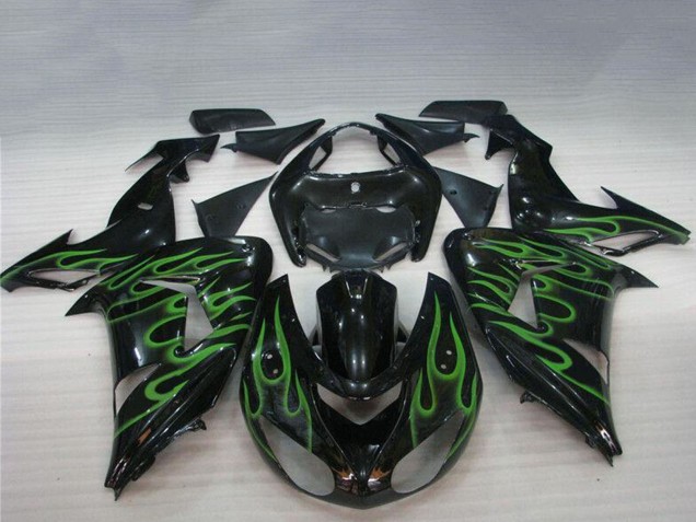 2006-2007 Kawasaki ZX10R Motorcycle Fairings - Glossy Black Green Flame Canada