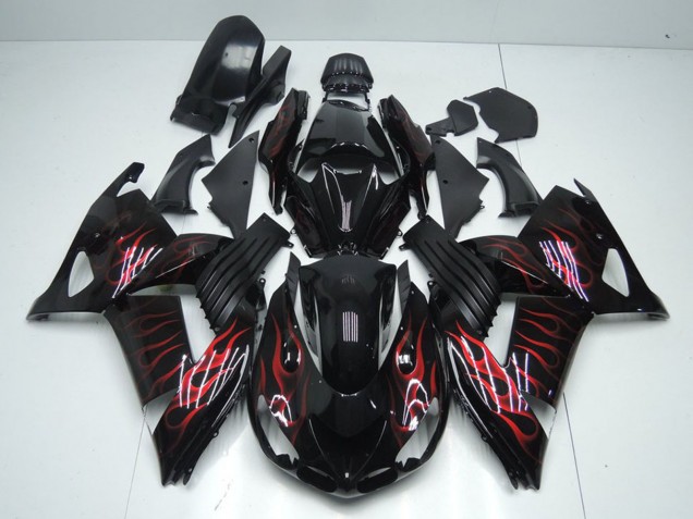 2006-2011 Kawasaki ZX14R ZZR1400 Motorcycle Fairings - Glossy Black Red Flame Canada