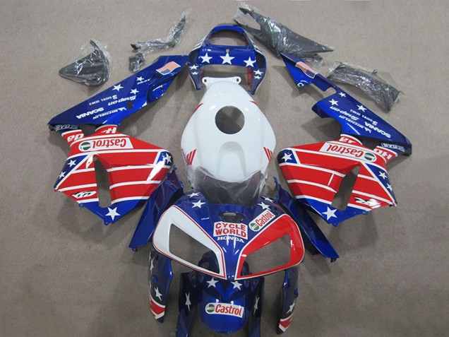 2005-2006 Honda CBR600RR Motorcycle Fairings - White Red Blue Cycle World Castrol Canada