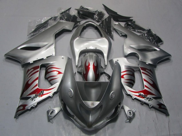2005-2006 Kawasaki ZX6R Motorcycle Fairings - Silver Red Flame Ninja Canada