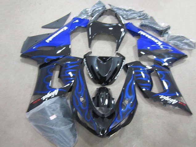 2005-2006 Kawasaki ZX6R Motorcycle Fairings - Glossy Black Blue Flame Canada
