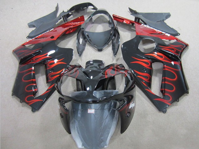 2007-2008 Kawasaki ZX6R Motorcycle Fairing - Black Red Flame Canada