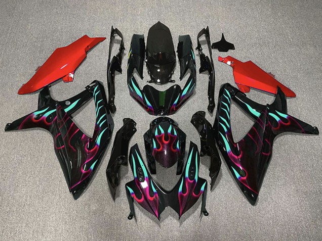 2008-2010 Suzuki GSXR 600 / GSXR 750 Motorcycle Fairings - Glossy Black Red Cyan Flame Canada