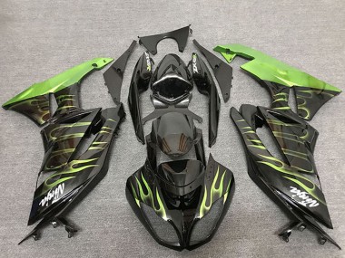 2009-2012 Kawasaki ZX6R Motorcycle Fairings - Glossy Black Green Flame Canada