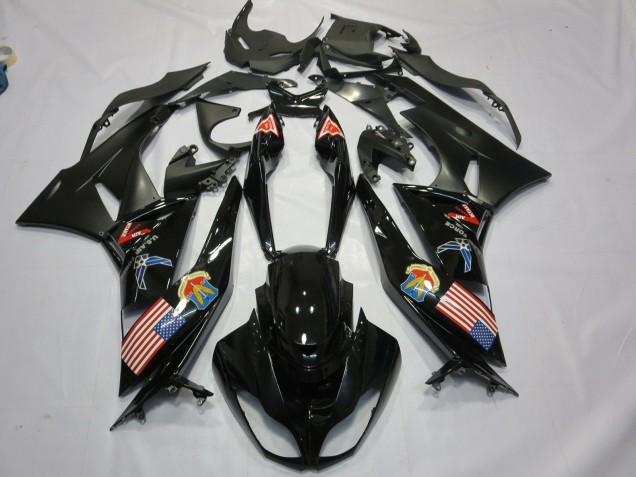 2009-2012 Kawasaki ZX6R Motorcycle Fairings - Glossy Black Matte Black American Flag Canada