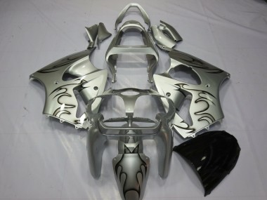 2000-2002 Kawasaki ZX6R Motorcycle Fairings - Silver Black Flame Canada