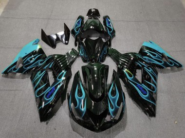 2006-2011 Kawasaki ZX14R Motorcycle Fairings - Glossy Black Light Blue Flame Canada