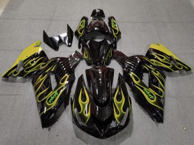 2006-2011 Kawasaki ZX14R Motorcycle Fairings - Glossy Black Yellow Flame Canada