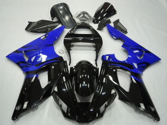 2000-2001 Yamaha R1 Motorcycle Fairings - Blue Glossy Black Flame Canada