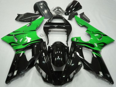 2000-2001 Yamaha R1 Motorcycle Fairings - Green Glossy Black Flame Canada