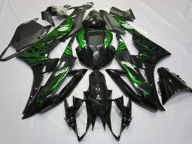 2006-2007 Yamaha R6 Motorcycle Fairings - Glossy Black Green Flame Canada
