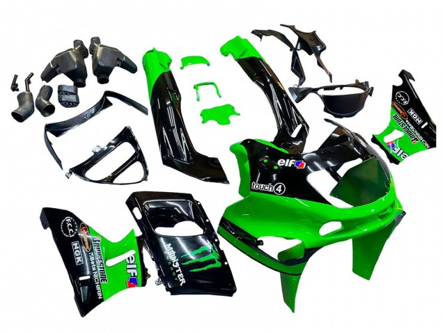 1993-2007 Kawasaki ZZR400 Motorcycle Fairings - Green Glossy Black Green Monster Elf Touch4 Bridgestone Canada