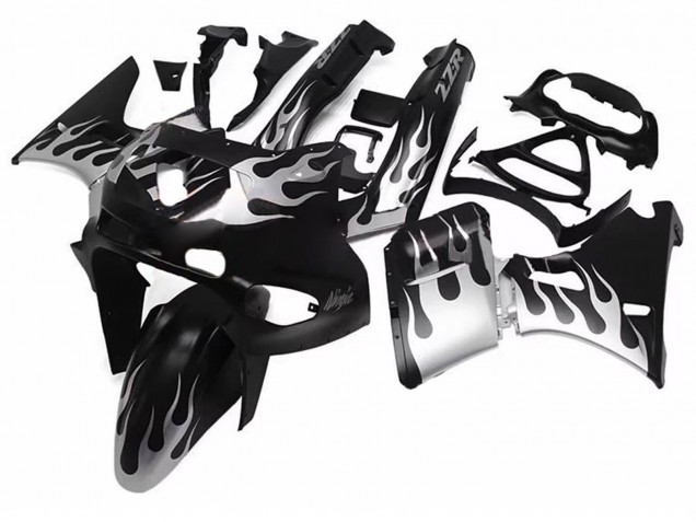 1998-2003 Kawasaki ZZR600 Motorcycle Fairings - Glossy Black Silver Flame Canada