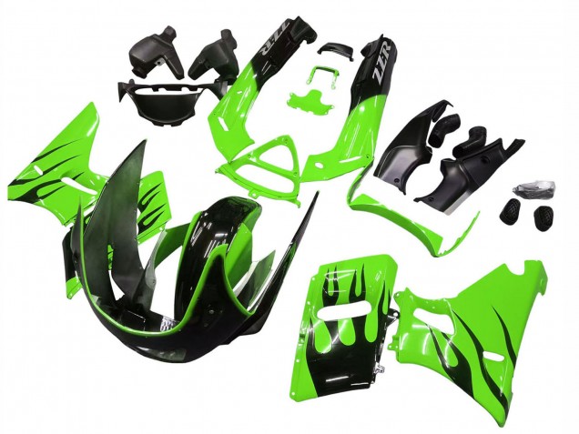 1998-2003 Kawasaki ZZR600 Motorcycle Fairings - Green Glossy Black Flame Canada