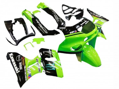 1993-2007 Kawasaki ZZR400 Motorcycle Fairings - Green Glossy Black Blue Monster Elf Touch4 Bridgestone Canada