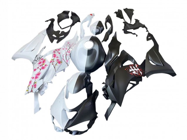 2023-2025 Kawasaki ZX6R Motorcycle Fairings - Black White with Flower Canada