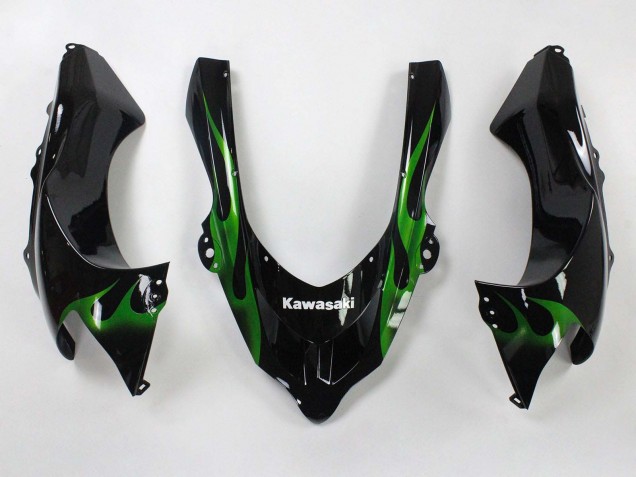 2004-2005 Kawasaki ZX10R Motorcycle Fairings - Black with Green Flame Ninja Canada