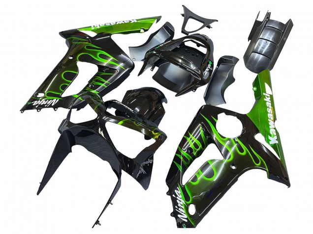 2003-2004 Kawasaki ZX6R Motorcycle Fairings - Glossy Black Green Flame Canada