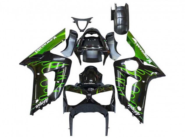 2003-2004 Kawasaki ZX6R Motorcycle Fairings - Glossy Black Green Flame Canada