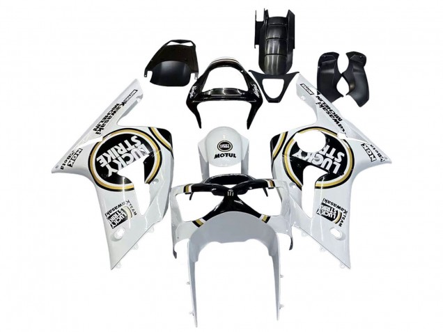 2003-2004 Kawasaki ZX6R Motorcycle Fairings - White Black Motul Lucky Strike Canada