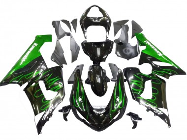 2005-2006 Kawasaki ZX6R Motorcycle Fairing - Glossy Black Green Flame Canada
