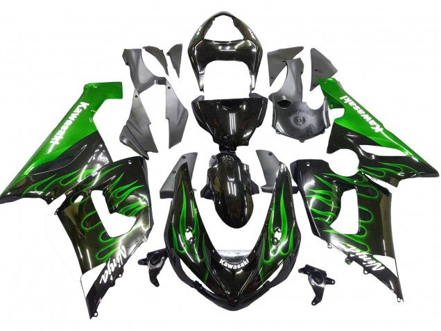 2005-2006 Kawasaki ZX6R Motorcycle Fairing - Glossy Black Green Flame Canada