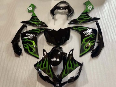 2004-2006 Yamaha YZF 1000 R1 Motorcycle Fairings - Glossy Black Green Flame White Decal Canada