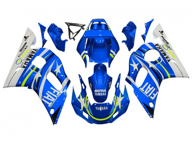 1998-2002 Yamaha YZF 600 R6 Motorcycle Fairings - White Blue Neon Yellow Fiat Motul Michelin Canada