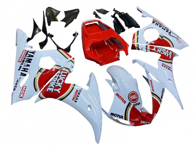 2003-2004 Yamaha YZF R6 Motorcycle Fairings - White Red Lucky Strike Motul Canada