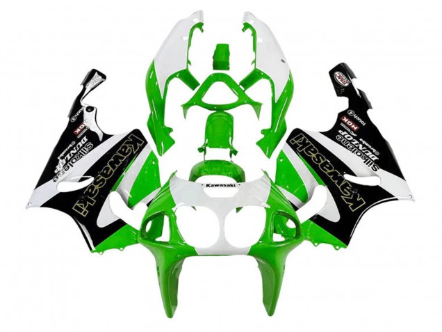 1996-2003 Kawasaki ZX7R Motorcycle Fairings - White Green Black Gold Silkolene Dunlop Canada
