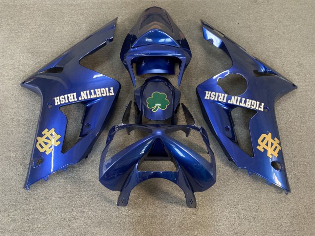 2003-2004 Kawasaki ZX6R Motorcycle Fairings - Blue Green Gold White Fighting Irish Canada