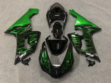 2005-2006 Kawasaki ZX6R Motorcycle Fairings - Glossy Black Green Flame Canada