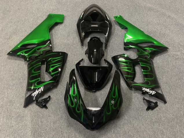 2005-2006 Kawasaki ZX6R Motorcycle Fairings - Glossy Black Green Flame Canada
