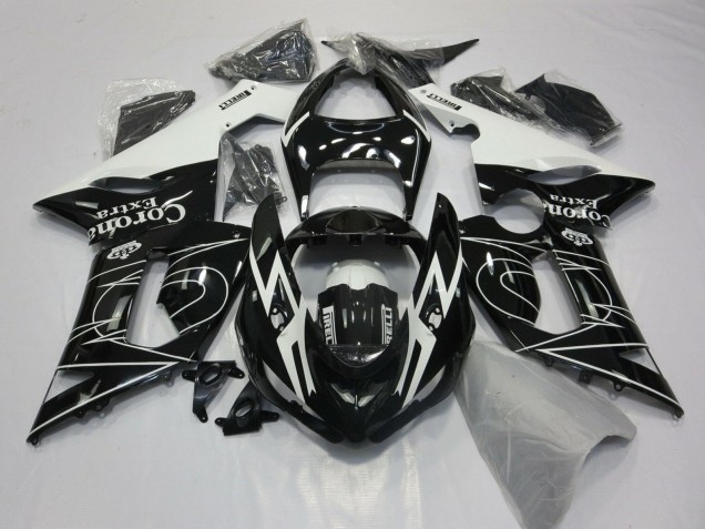 2005-2006 Kawasaki ZX6R Motorcycle Fairings - Glossy Black White Corona Extra Tribal Canada