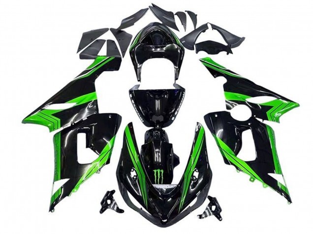 2005-2006 Kawasaki ZX6R Motorcycle Fairings - Green Glossy Black Monster Stripe Canada