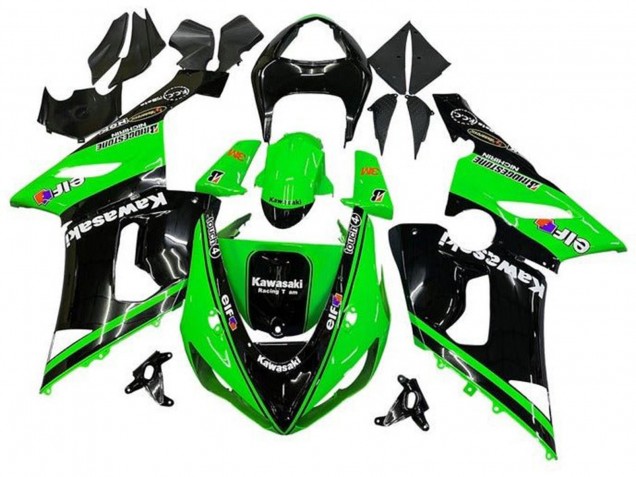 2005-2006 Kawasaki ZX6R Motorcycle Fairings - Glossy Black Green White Elf Touch4 Bridgestone Canada