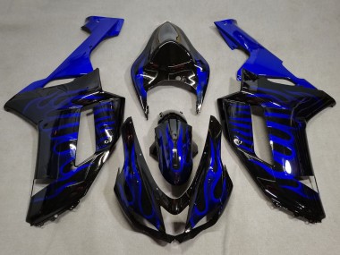 2007-2008 Kawasaki ZX6R Motorcycle Fairings - Black Blue Flame Canada