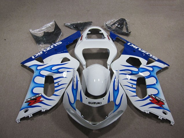 2001-2003 Suzuki GSXR 750 Motorcycle Fairings - White Blue Flame Canada